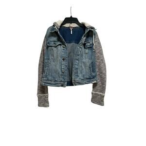 Free People Hooded Denim Jacket Women’s SZ Small Distressed Jean Sweatshirt B01